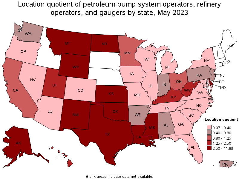 Map of location quotient of petroleum pump system operators, refinery operators, and gaugers by state, May 2021