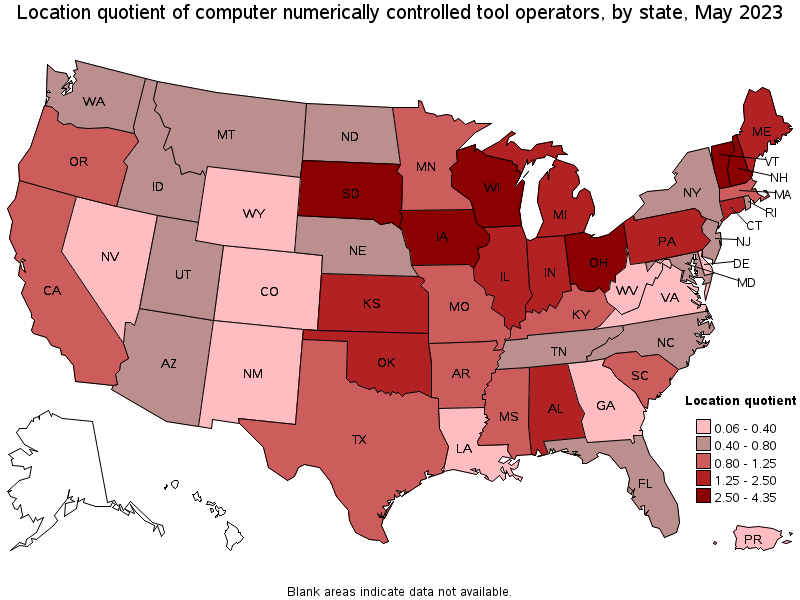 Map of location quotient of computer numerically controlled tool operators by state, May 2023