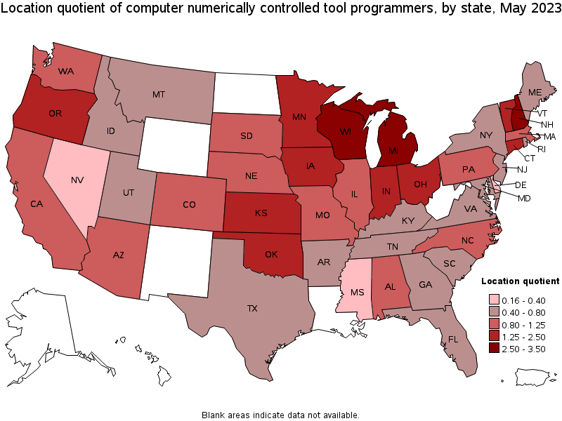 Map of location quotient of computer numerically controlled tool programmers by state, May 2022