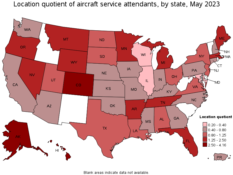 Map of location quotient of aircraft service attendants by state, May 2022
