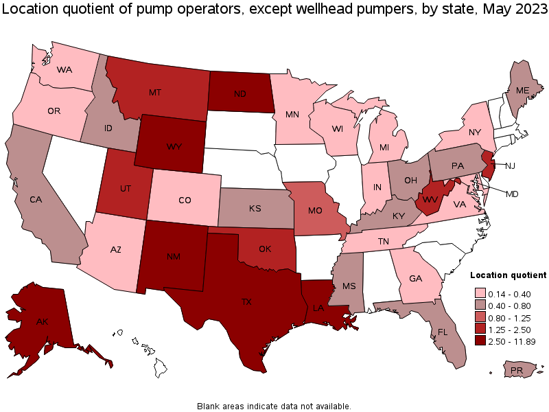 Map of location quotient of pump operators, except wellhead pumpers by state, May 2021