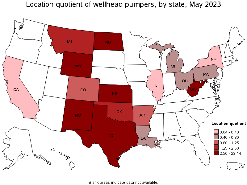 Map of location quotient of wellhead pumpers by state, May 2021