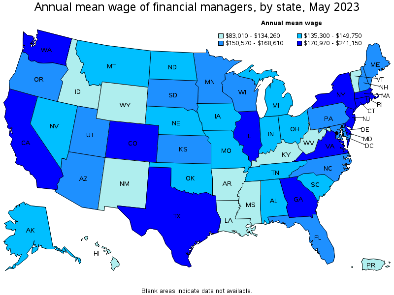 Map of annual mean wages of financial managers by state, May 2023