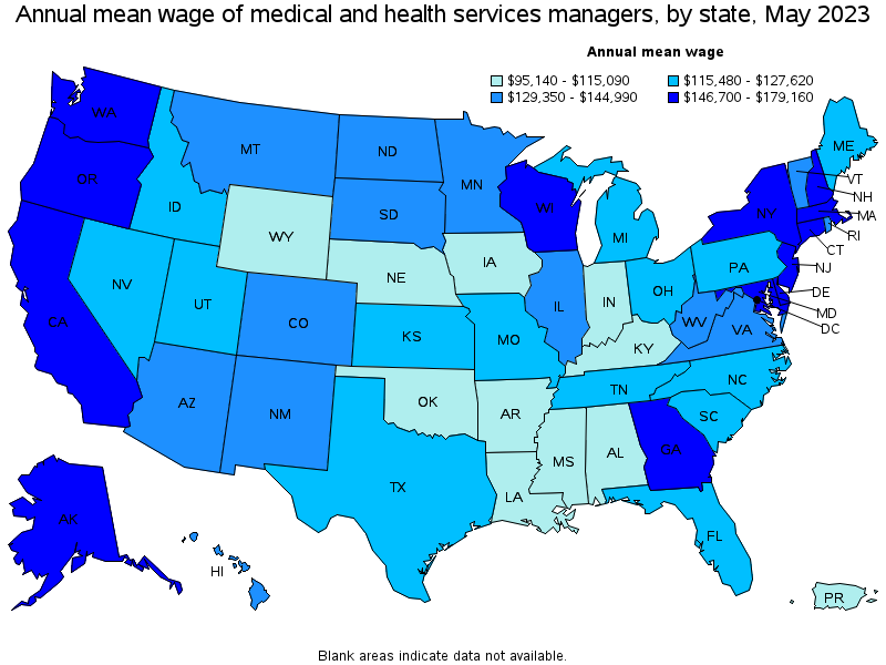 Annual mean wage of medical and health services managers, by state, May 2020