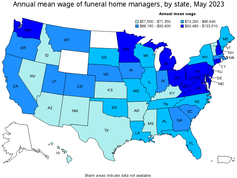 Map of annual mean wages of funeral home managers by state, May 2023