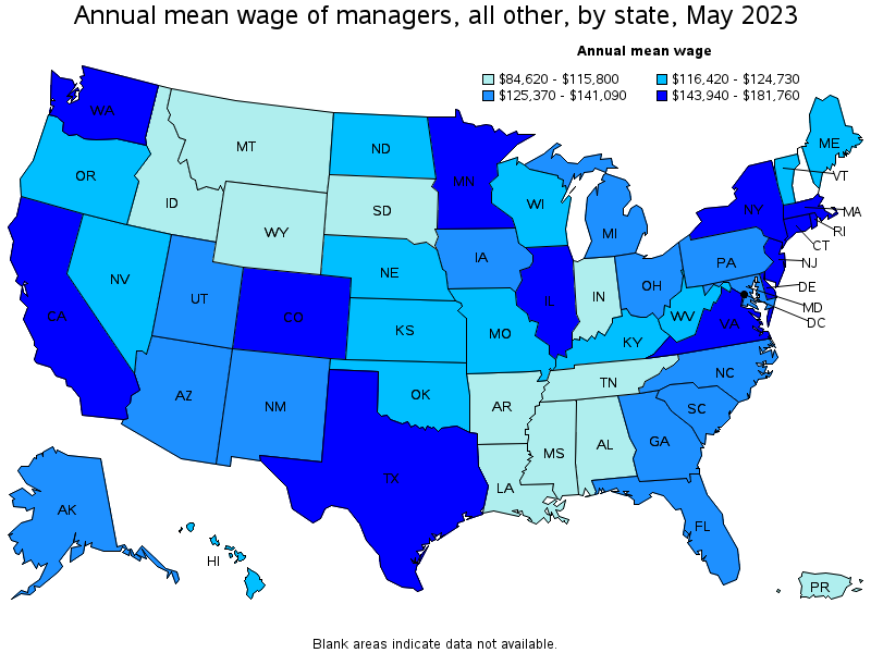 Map of annual mean wages of managers, all other by state, May 2023