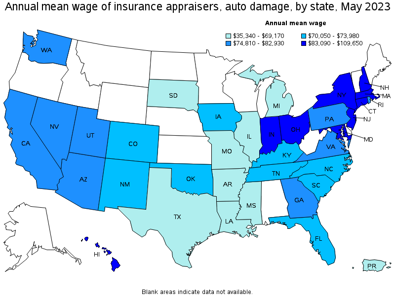 Map of annual mean wages of insurance appraisers, auto damage by state, May 2021