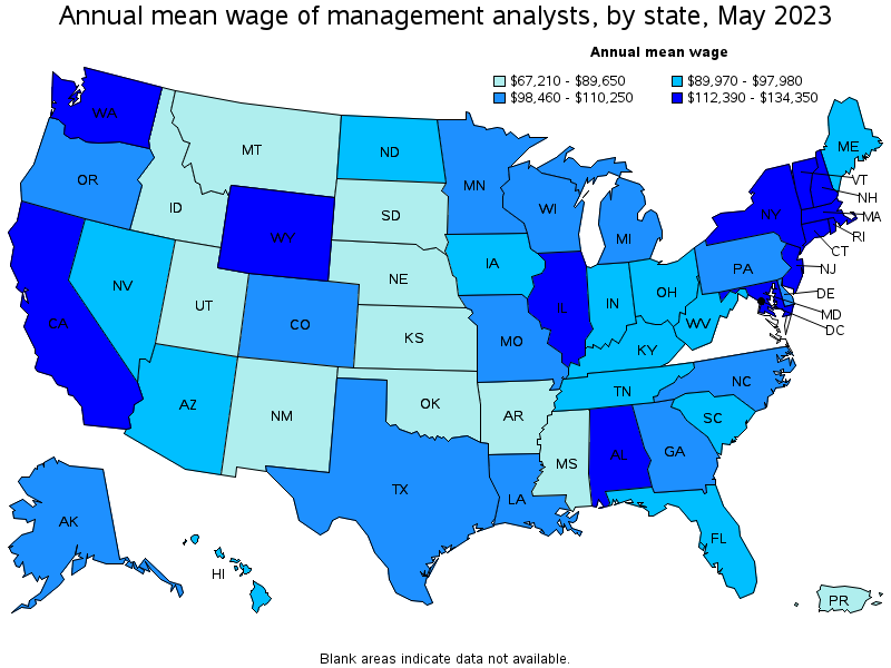 Map of annual mean wages of management analysts by state, May 2023