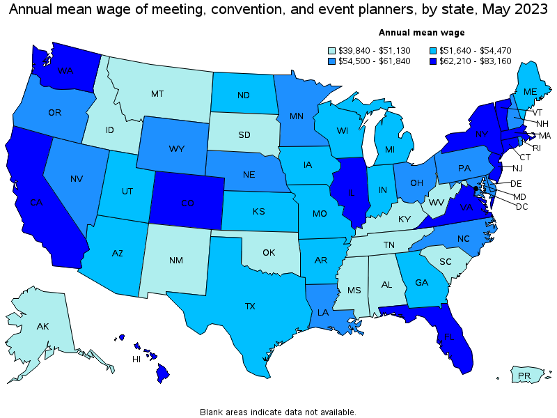 Map of annual mean wages of meeting, convention, and event planners by state, May 2022