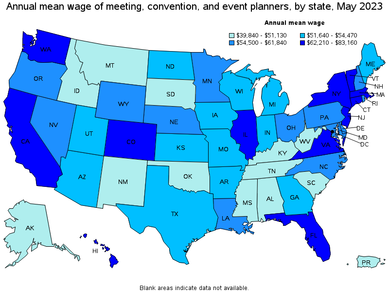 Map of annual mean wages of meeting, convention, and event planners by state, May 2023