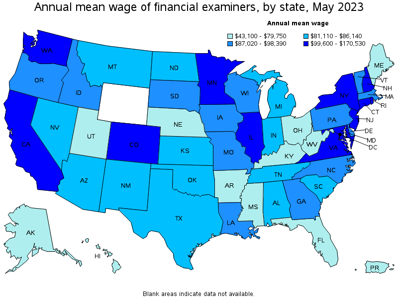 Map of annual mean wages of financial examiners by state, May 2021