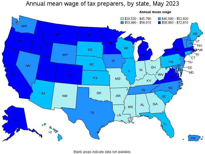 Map of annual mean wages of tax preparers by state, May 2023