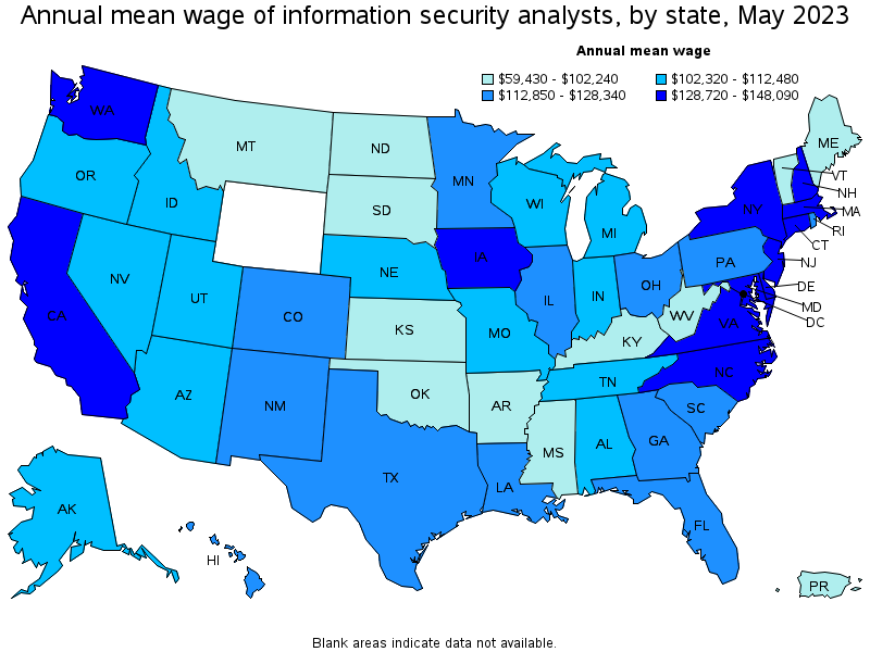 Map of annual mean wages of information security analysts by state, May 2023