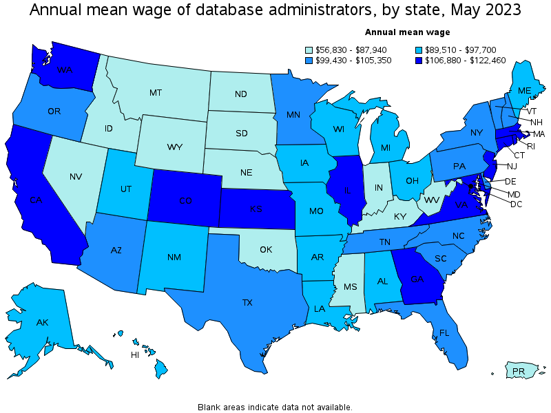 Map of annual mean wages of database administrators by state, May 2021