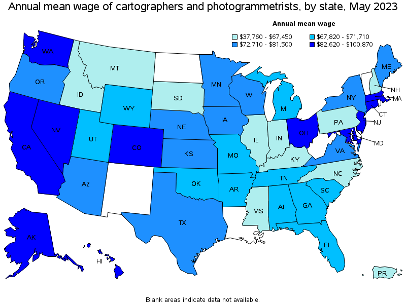 Map of annual mean wages of cartographers and photogrammetrists by state, May 2022
