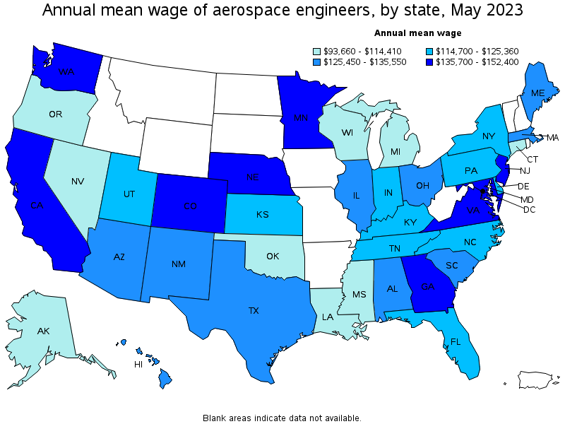 Map of annual mean wages of aerospace engineers by state, May 2023