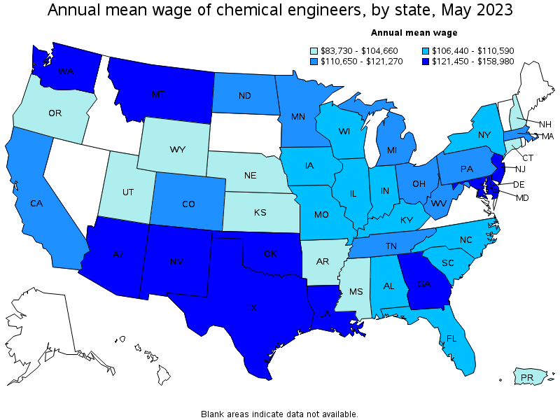 Map of annual mean wages of chemical engineers by state, May 2023