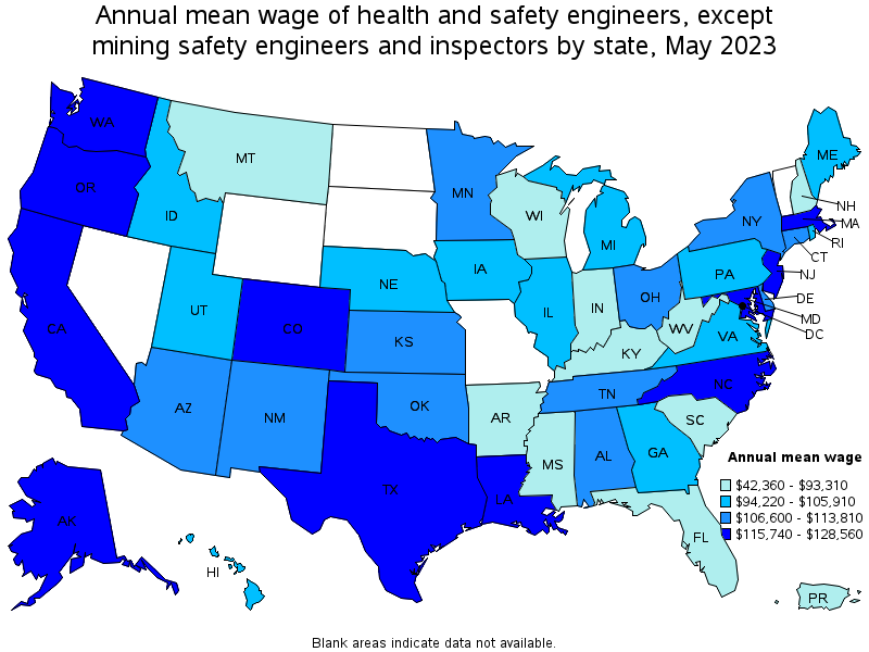 Map of annual mean wages of health and safety engineers, except mining safety engineers and inspectors by state, May 2021