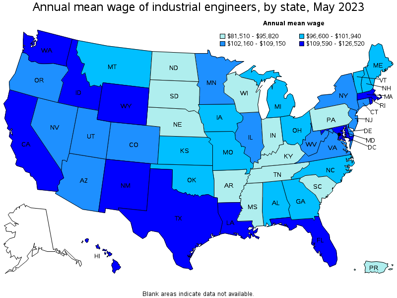 Map of annual mean wages of industrial engineers by state, May 2023