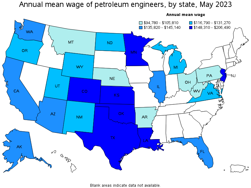 Map of annual mean wages of petroleum engineers by state, May 2023