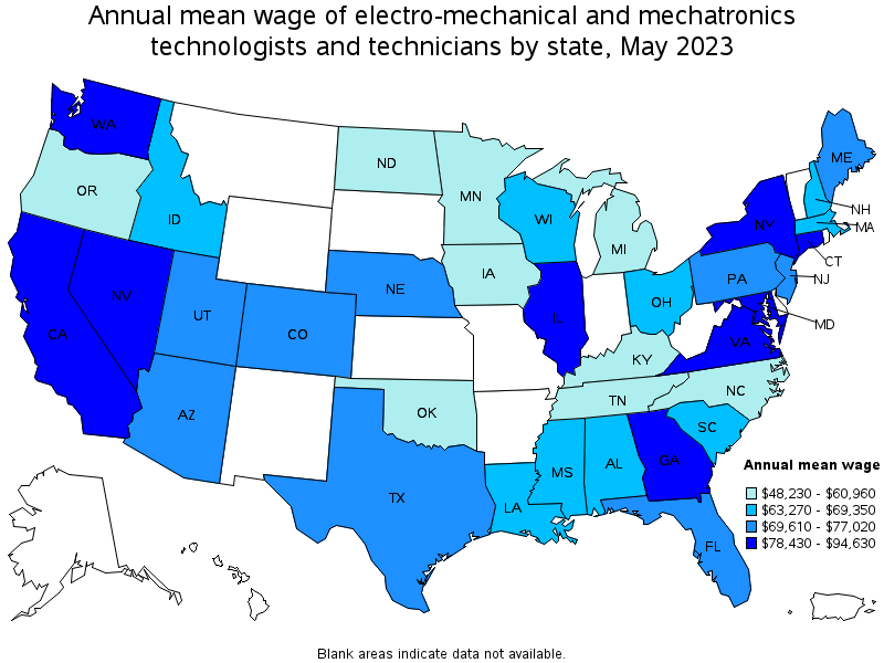 Map of annual mean wages of electro-mechanical and mechatronics technologists and technicians by state, May 2023