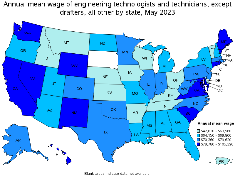 Map of annual mean wages of engineering technologists and technicians, except drafters, all other by state, May 2022