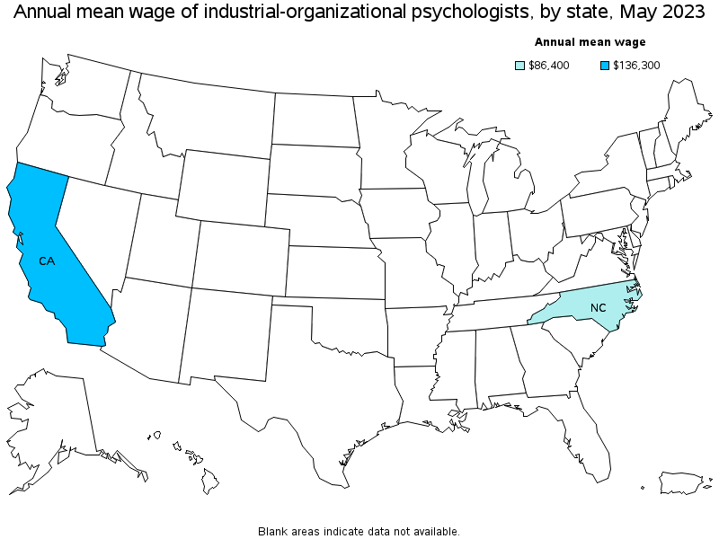 Map of annual mean wages of industrial-organizational psychologists by state, May 2022