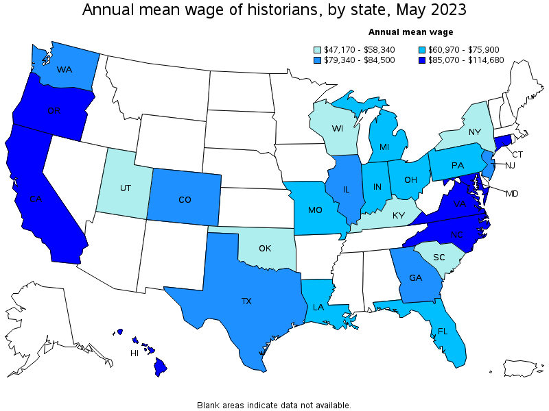 Map of annual mean wages of historians by state, May 2023