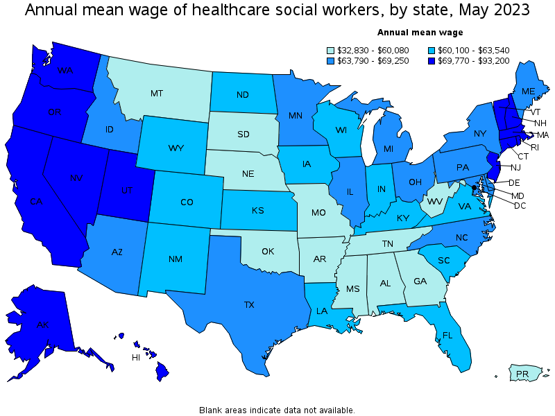 Map of annual mean wages of healthcare social workers by state, May 2021