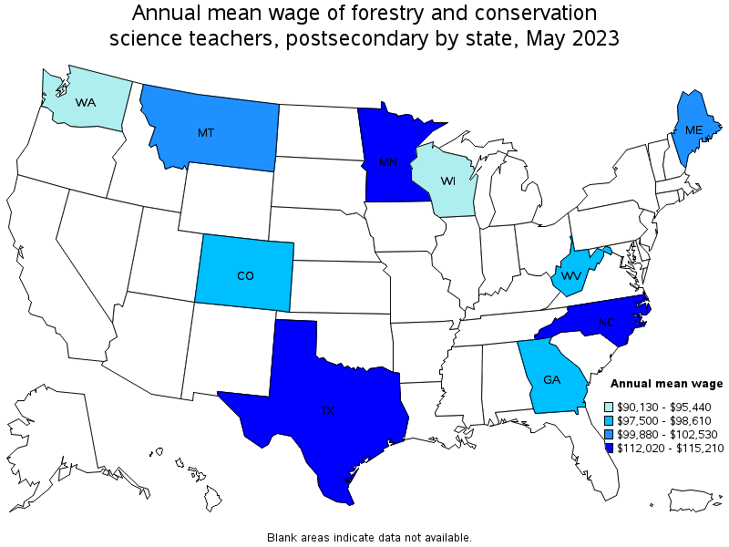 Map of annual mean wages of forestry and conservation science teachers, postsecondary by state, May 2021