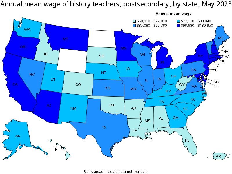 Map of annual mean wages of history teachers, postsecondary by state, May 2021