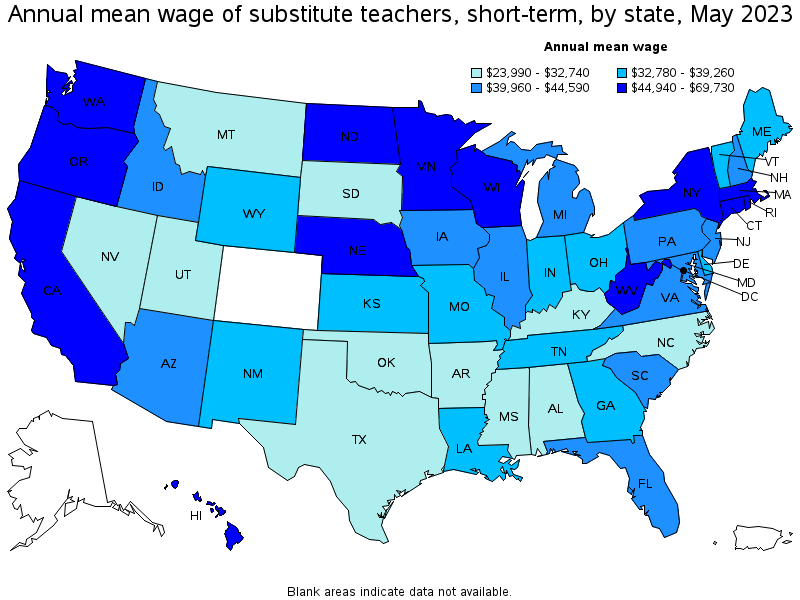 Map of annual mean wages of substitute teachers, short-term by state, May 2023