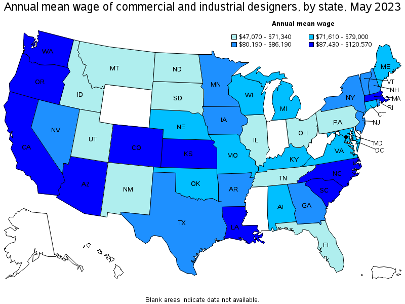 Map of annual mean wages of commercial and industrial designers by state, May 2021