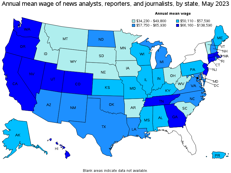 Map of annual mean wages of news analysts, reporters, and journalists by state, May 2023