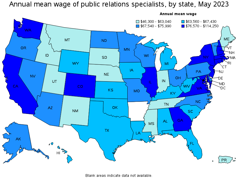 Map of annual mean wages of public relations specialists by state, May 2021