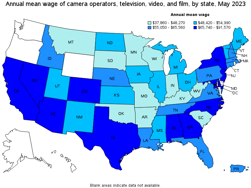 Map of annual mean wages of camera operators, television, video, and film by state, May 2023