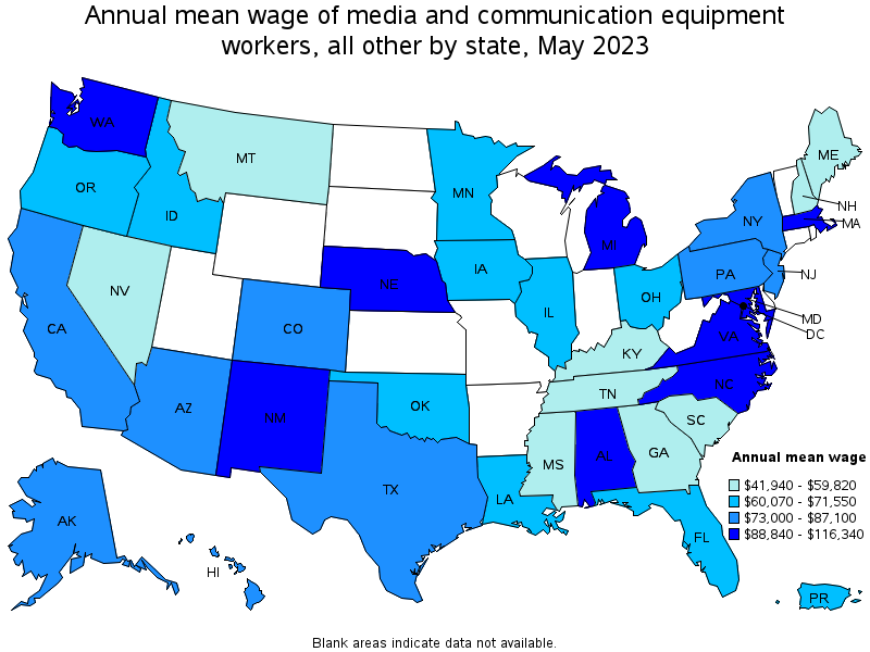 Map of annual mean wages of media and communication equipment workers, all other by state, May 2023