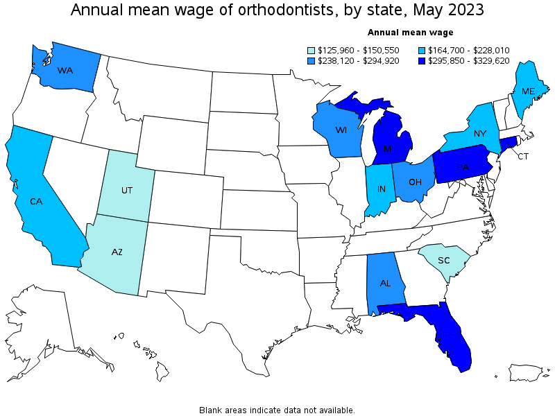 Map of annual mean wages of orthodontists by state, May 2023