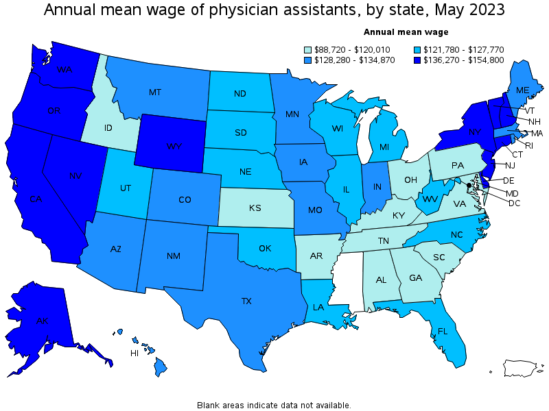 Map of annual mean wages of physician assistants by state, May 2023