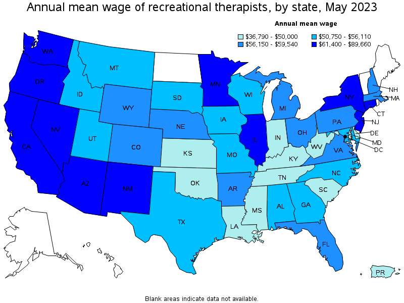 Map of annual mean wages of recreational therapists by state, May 2021