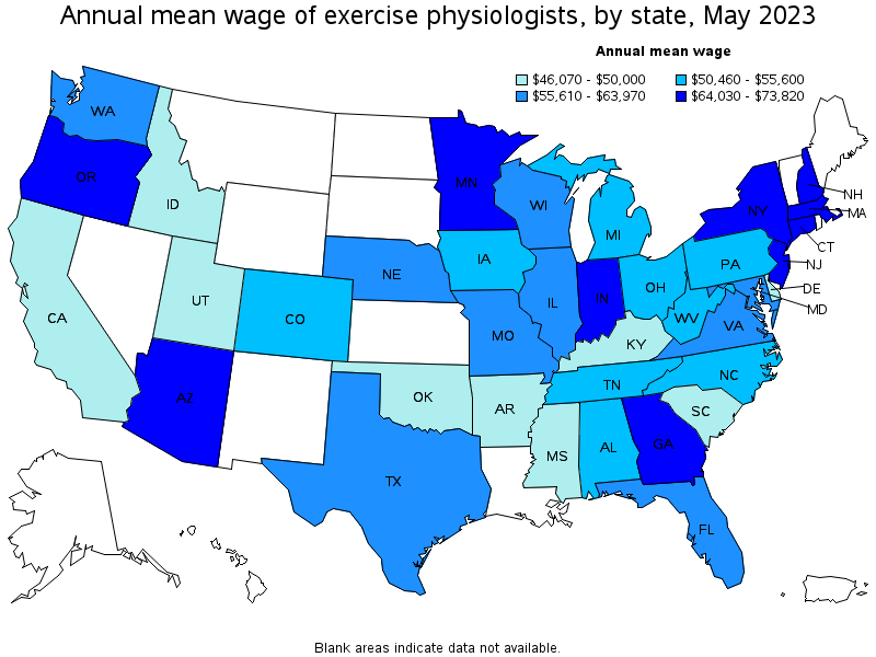 Map of annual mean wages of exercise physiologists by state, May 2021