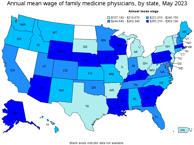 Map of annual mean wages of family medicine physicians by state, May 2023