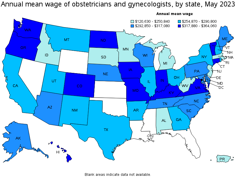 Map of annual mean wages of obstetricians and gynecologists by state, May 2023
