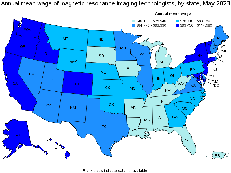 Map of annual mean wages of magnetic resonance imaging technologists by state, May 2023