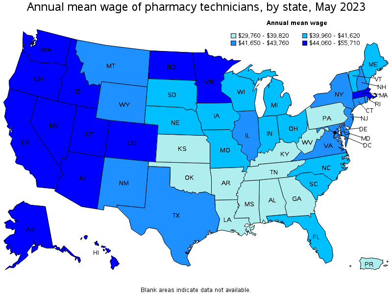 Map of annual mean wages of pharmacy technicians by state, May 2022