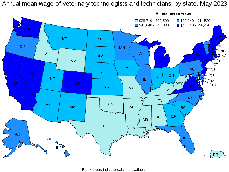 Map of annual mean wages of veterinary technologists and technicians by state, May 2023