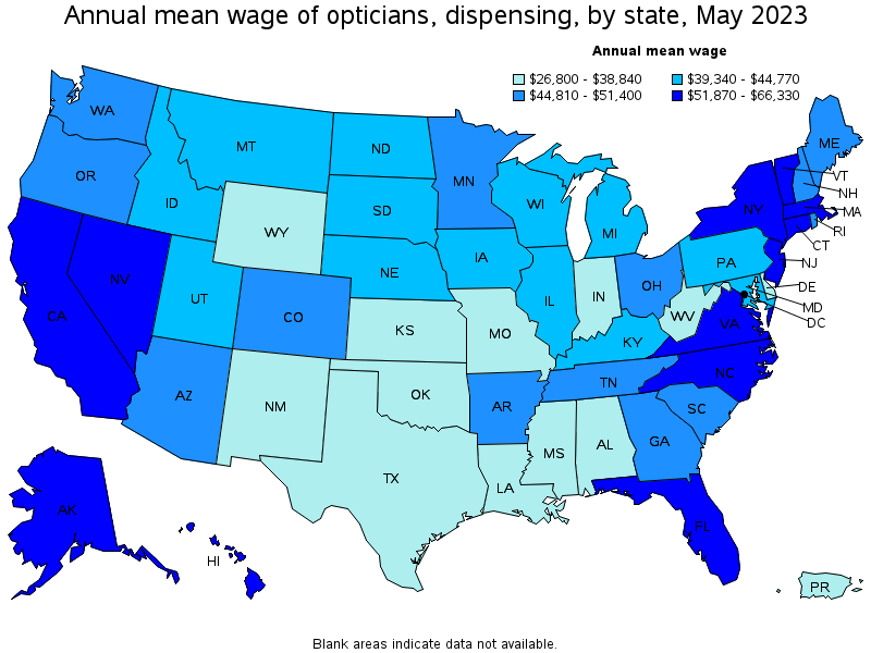 Map of annual mean wages of opticians, dispensing by state, May 2023