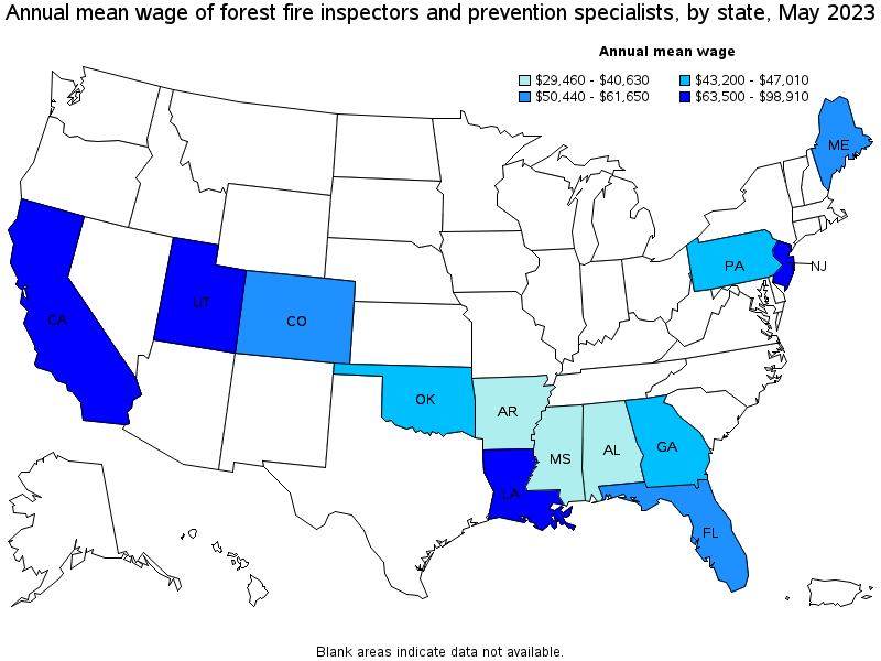 Map of annual mean wages of forest fire inspectors and prevention specialists by state, May 2023