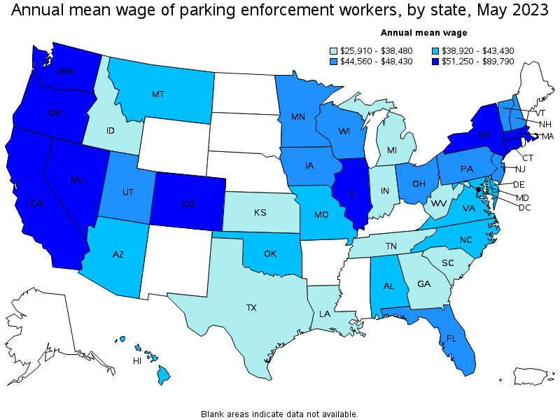 Map of annual mean wages of parking enforcement workers by state, May 2023