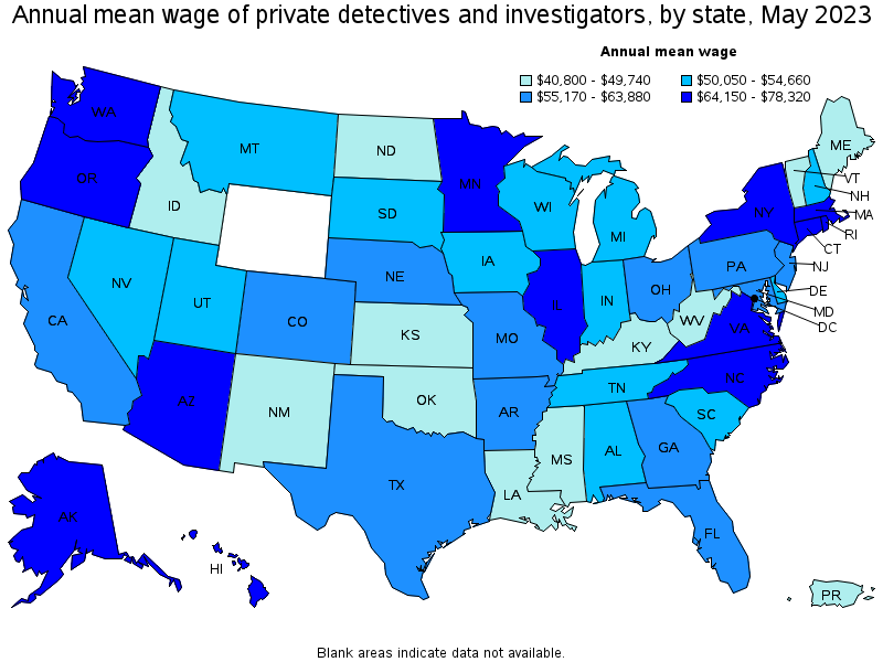 Map of annual mean wages of private detectives and investigators by state, May 2023